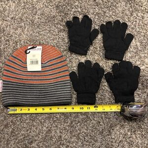 Kids Striped Beanie and Gloves Set - Orange and Gray